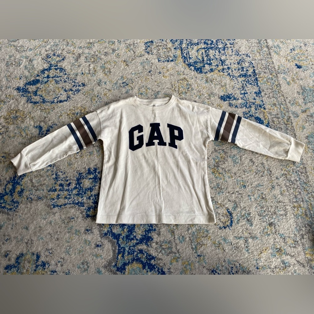 GAP Kids Cream Long Sleeve Tee with Navy and Brown Stripes